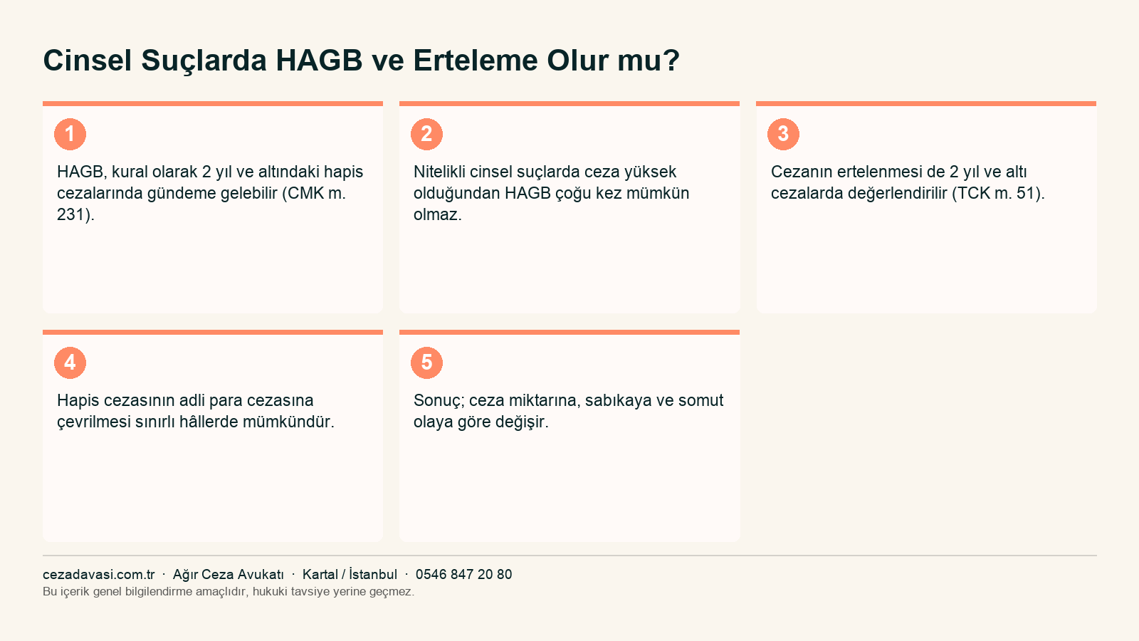 Cinsel suçlarda HAGB, erteleme ve para cezasına çevirme koşullarını gösteren infografik