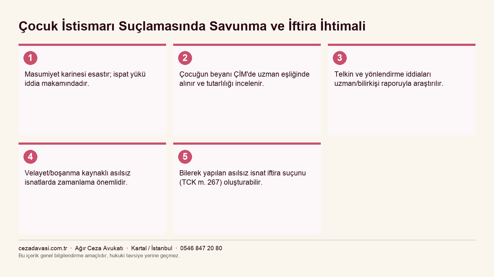 Çocuk istismarı suçlamasında savunmanın dayanaklarını gösteren infografik