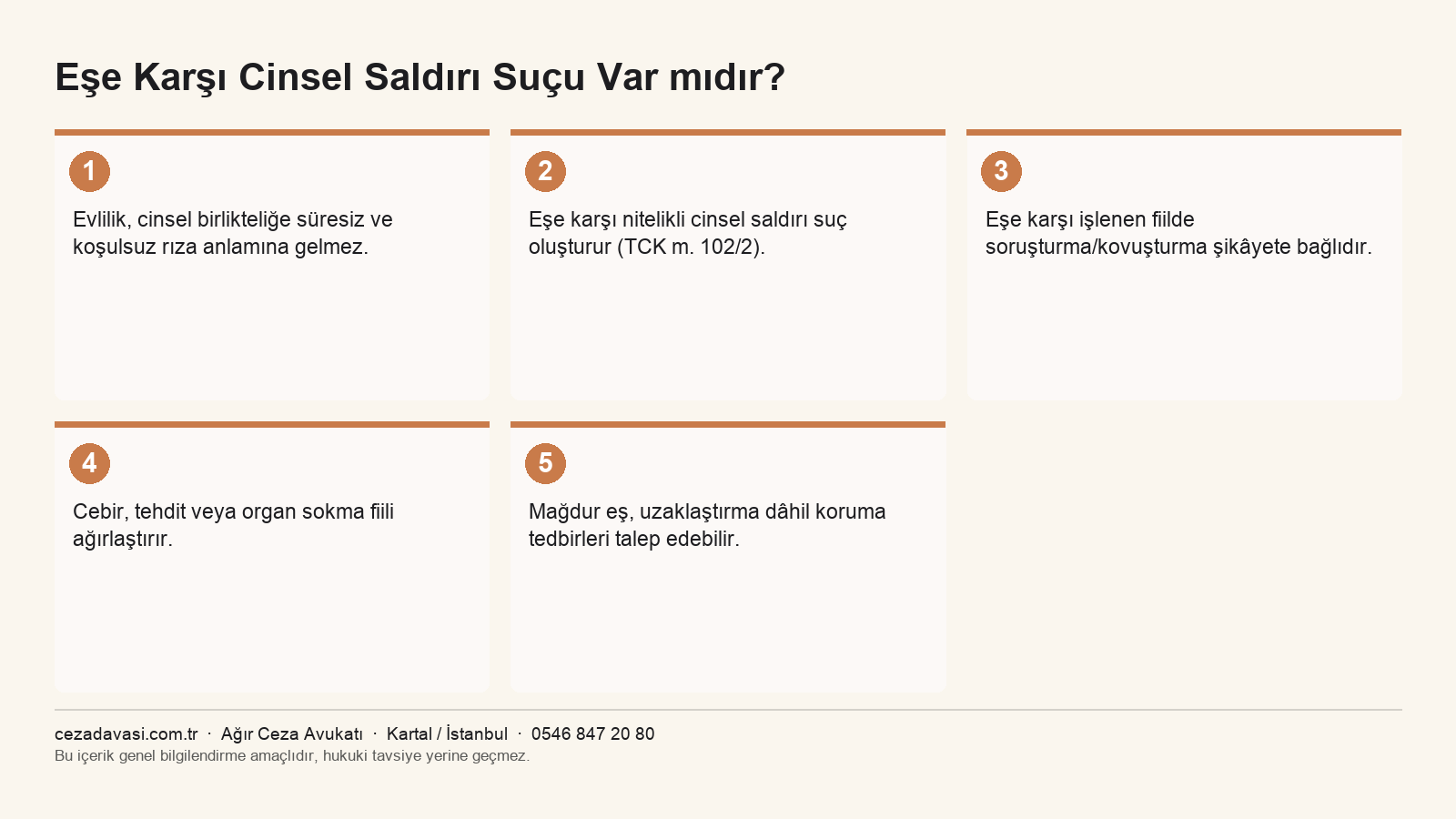 Eşe karşı cinsel saldırıda suç, şikâyet ve koruma tedbirlerini gösteren infografik