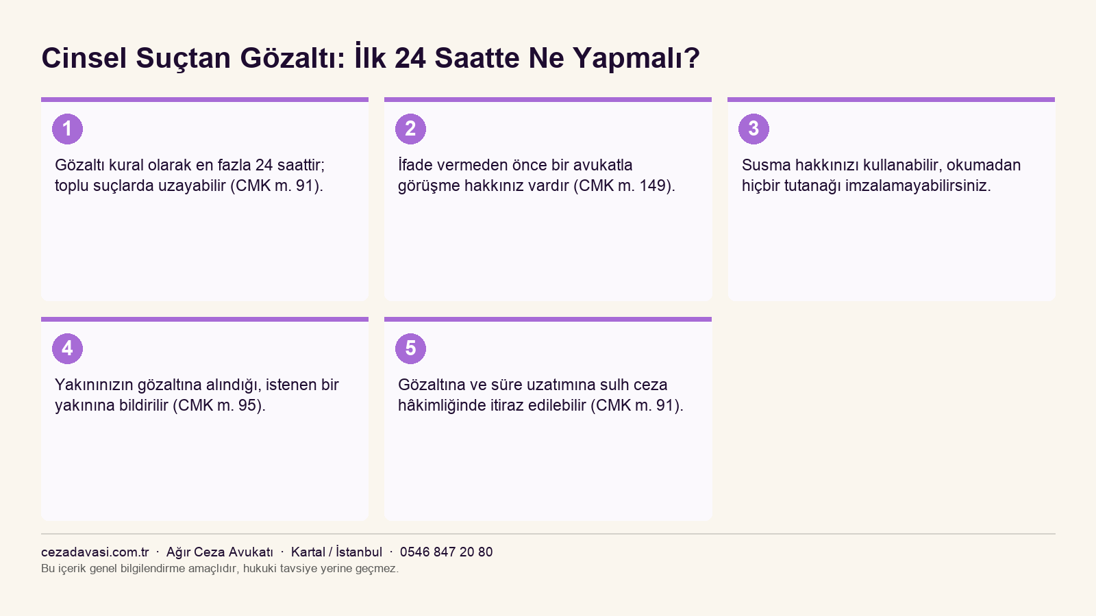 Cinsel suç gözaltısında temel haklar ve ilk 24 saatte atılması gereken adımlar infografiği