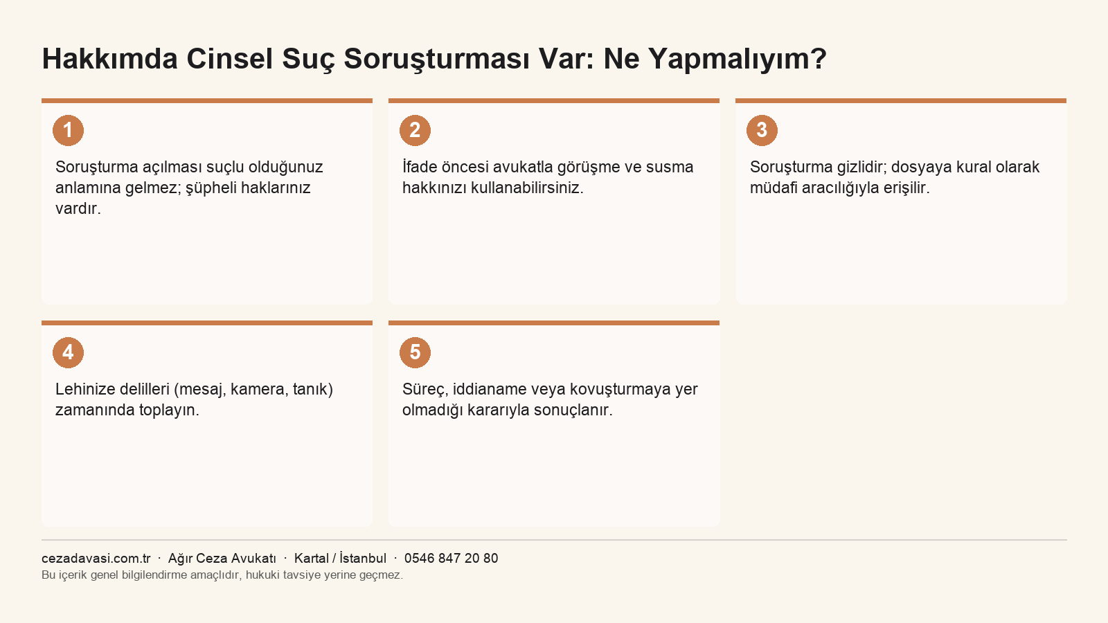 Cinsel suç soruşturmasında haklar ve atılacak adımları gösteren infografik