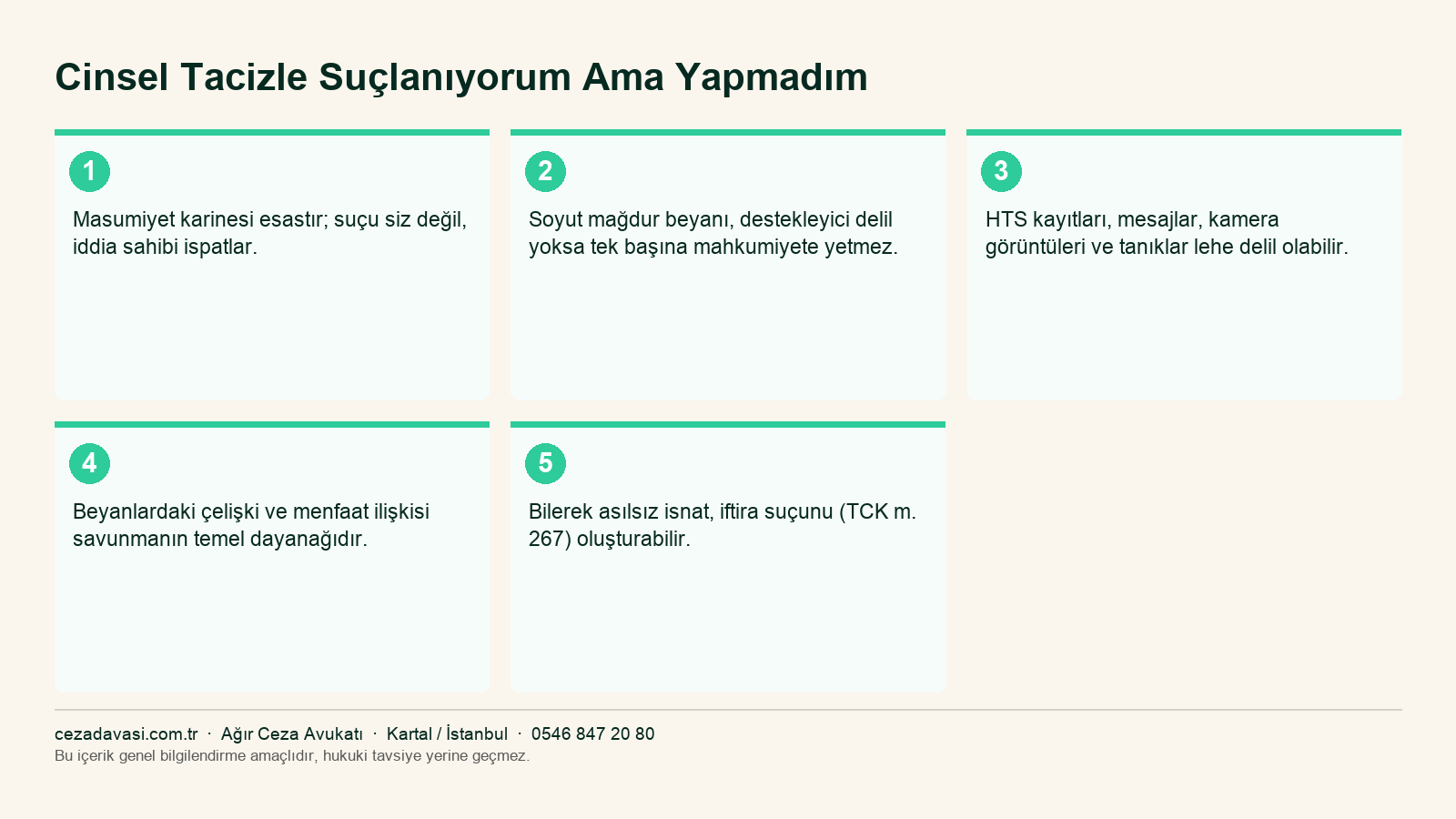 Haksız cinsel suçlamada masumiyet karinesi ve lehe deliller infografiği