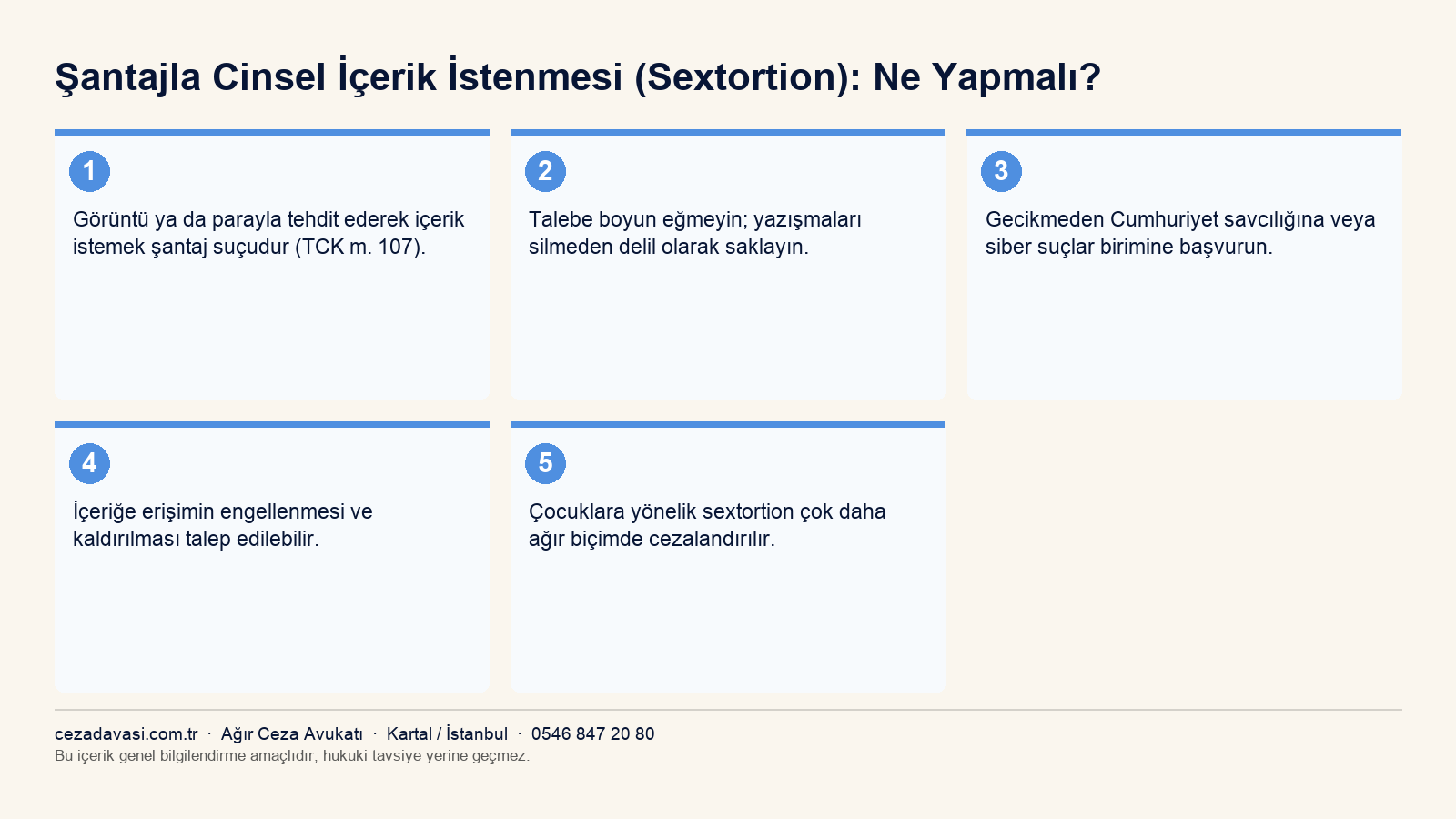 Sextortion (cinsel şantaj) durumunda yapılması gerekenleri gösteren infografik