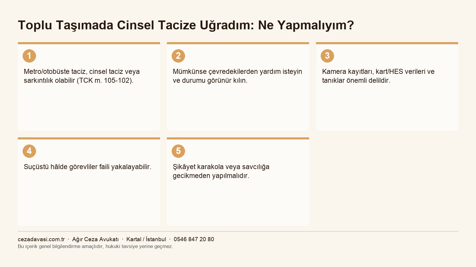 Toplu taşımada tacizde delil ve şikâyet adımlarını gösteren infografik