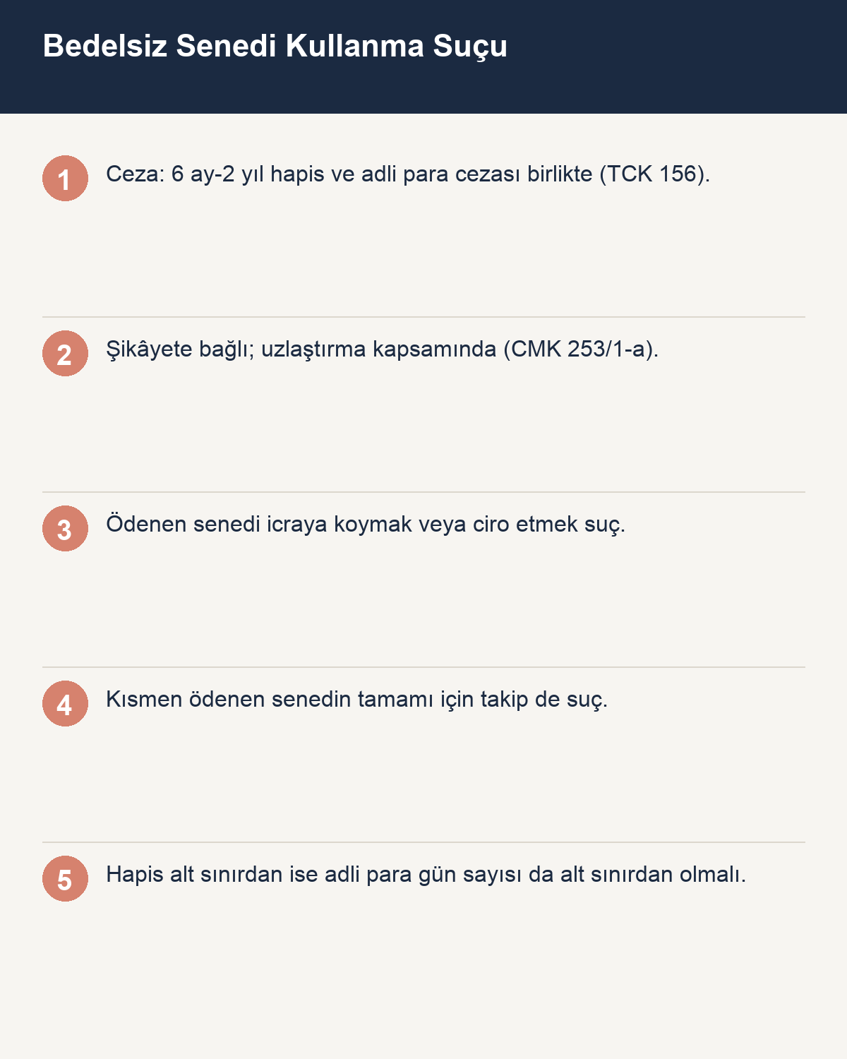 Bedelsiz senedi kullanma suçu TCK 156 infografiği
